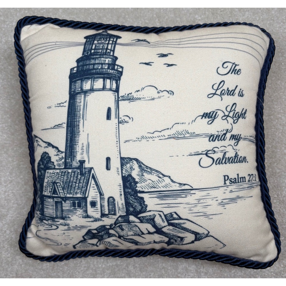 Lighthouse Scripture Pillow Psalm 27:1 Nautical Navy Blue‎ Cream 11.5" Square